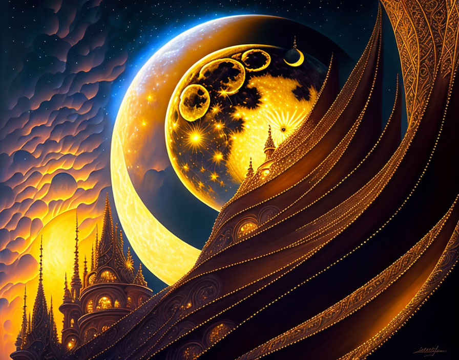 Detailed fantasy illustration with moon, stars, golden domes, and ribbon-like patterns