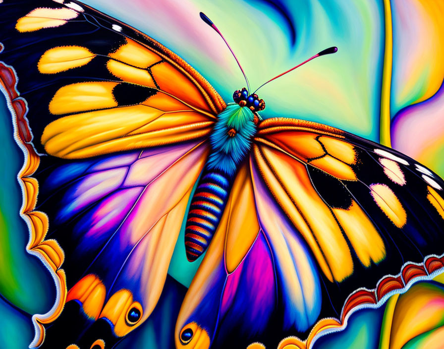 Colorful close-up of butterfly with vibrant blue, yellow, and purple wings