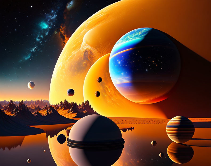 Colorful sci-fi landscape with multiple planets, starry sky, orange terrains, and reflective water