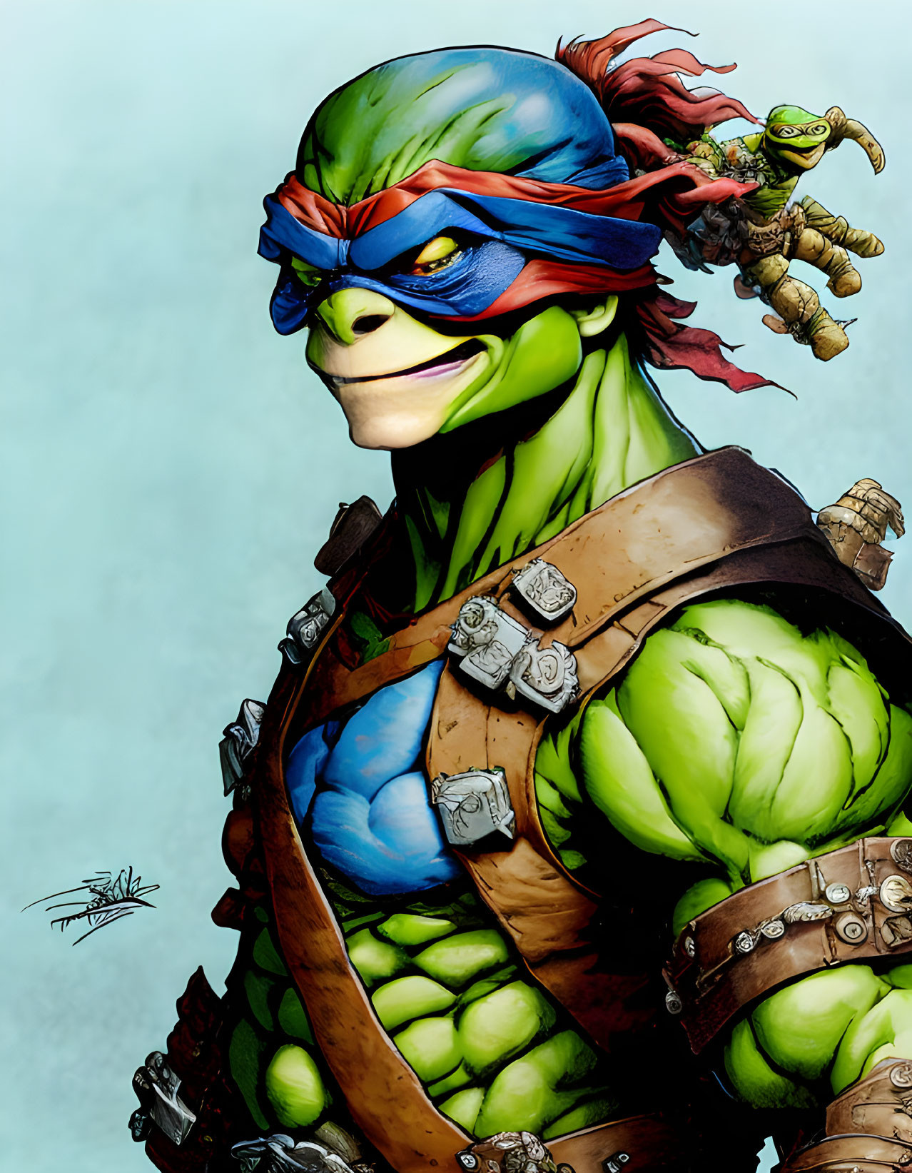 Muscular Teenage Mutant Ninja Turtle with Red Bandana and Small Turtle on Shoulder