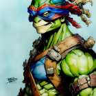 Muscular Teenage Mutant Ninja Turtle with Red Bandana and Small Turtle on Shoulder