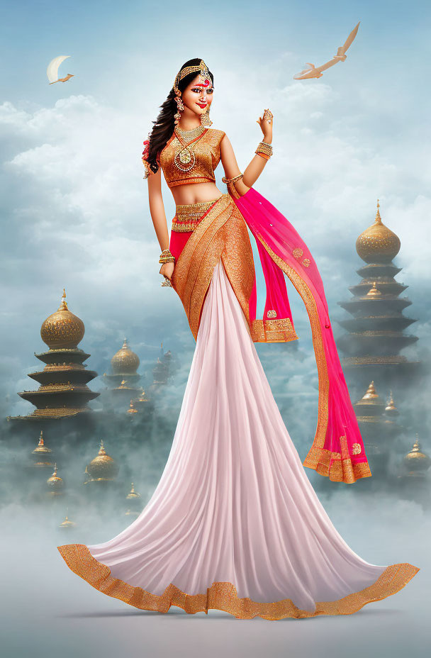 Traditional Indian Attire Woman Poses with Sky Background