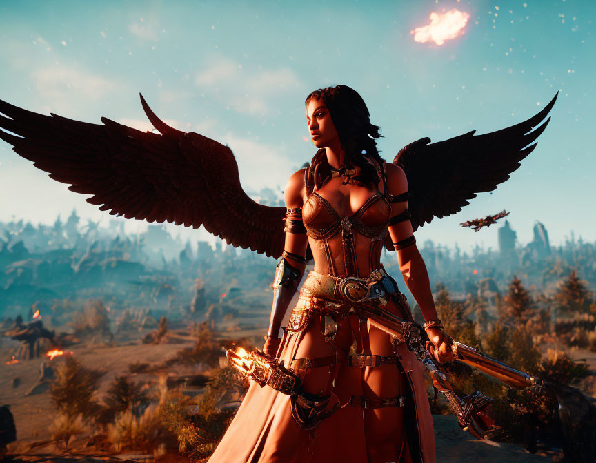 Dark-winged warrior in leather armor with fiery sword against dusky sky