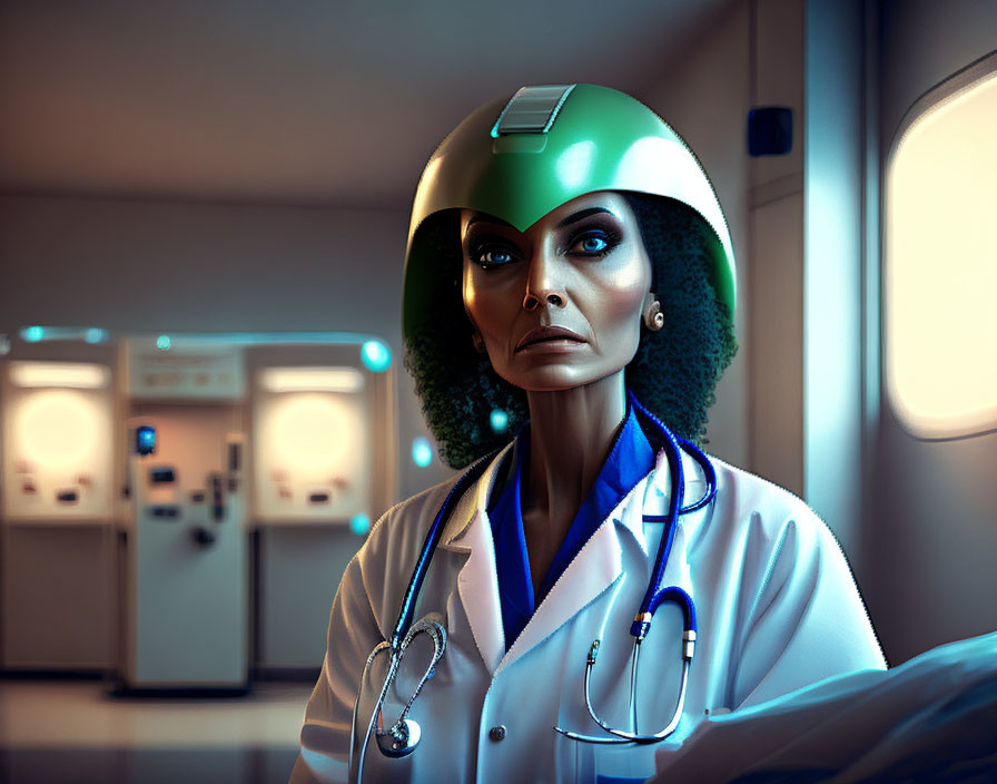 Digital Artwork: Woman in Green Helmet and Lab Coat with Stethoscope in Futuristic Room