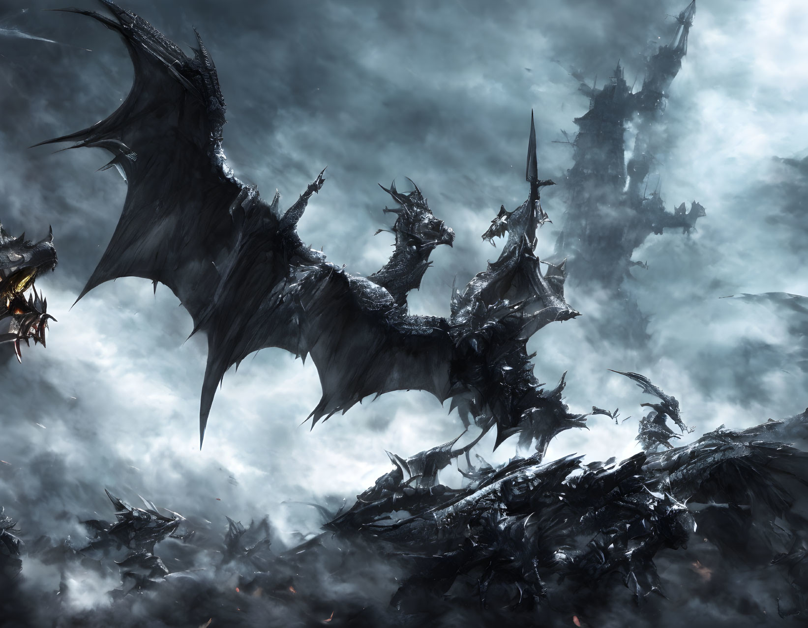 Dark Winged Dragon in Fantasy Battle with Fog and Ominous Structures
