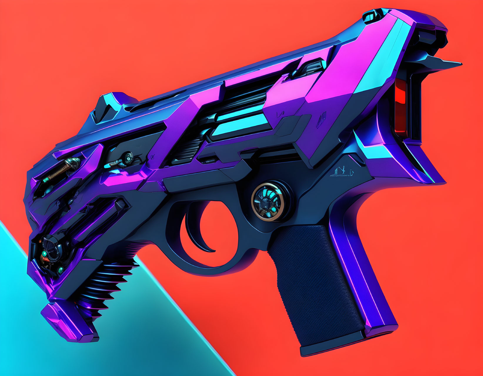 Futuristic neon-colored handgun on vibrant blue and red background