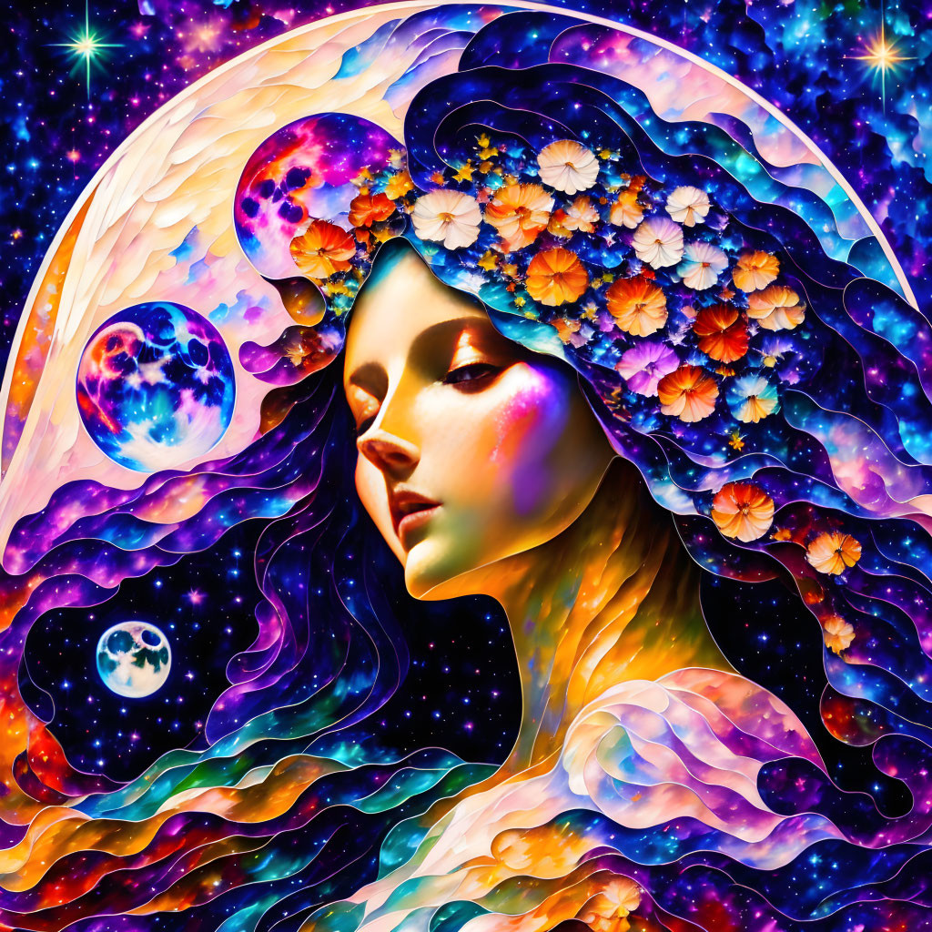 Colorful portrait of woman with floral crown in cosmic setting