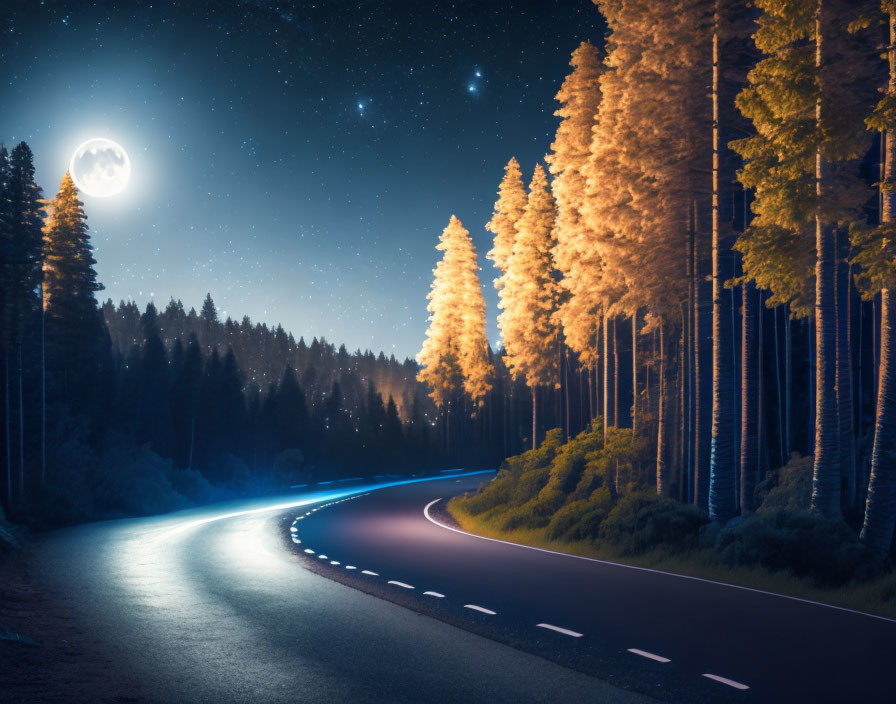 Moonlit Forest Night Scene: Winding Road & Tall Trees