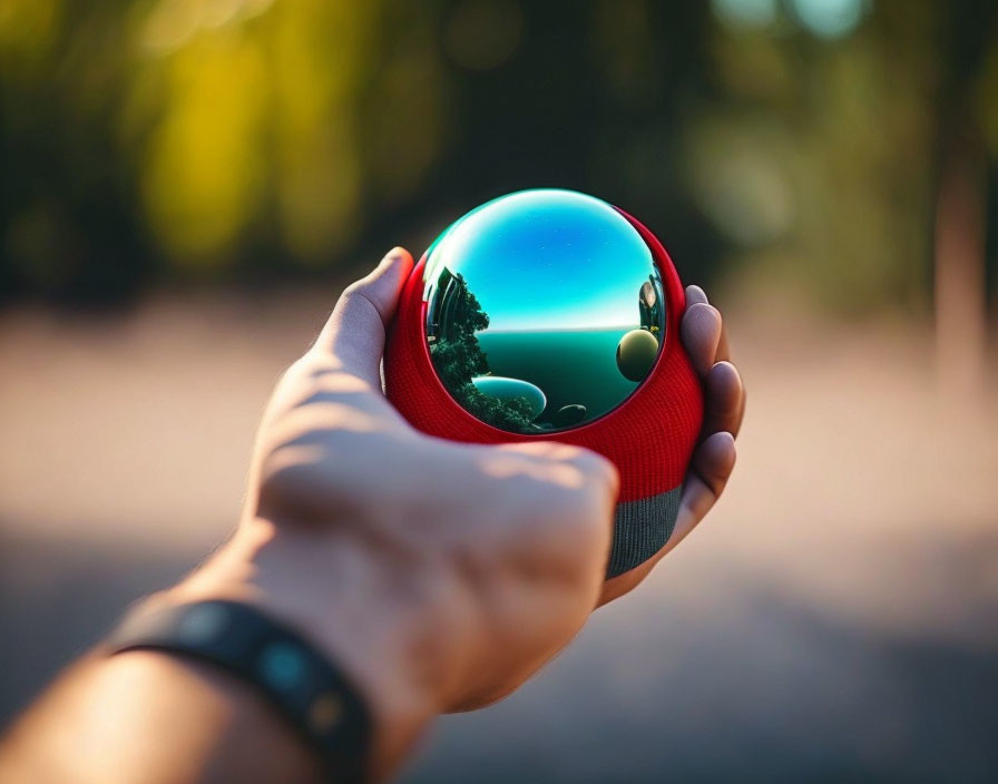 Hand holding red reflective sphere in outdoor sunlight