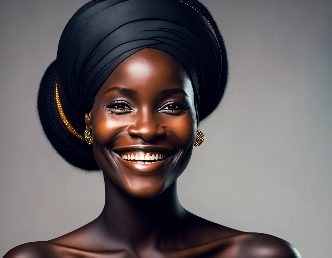 Dark-skinned woman in head wrap and earrings on neutral background