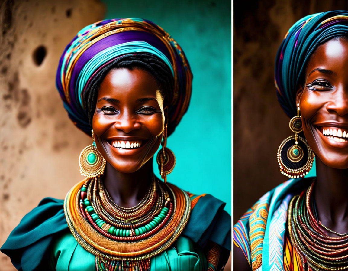 Smiling woman in vibrant clothing and accessories on rustic background