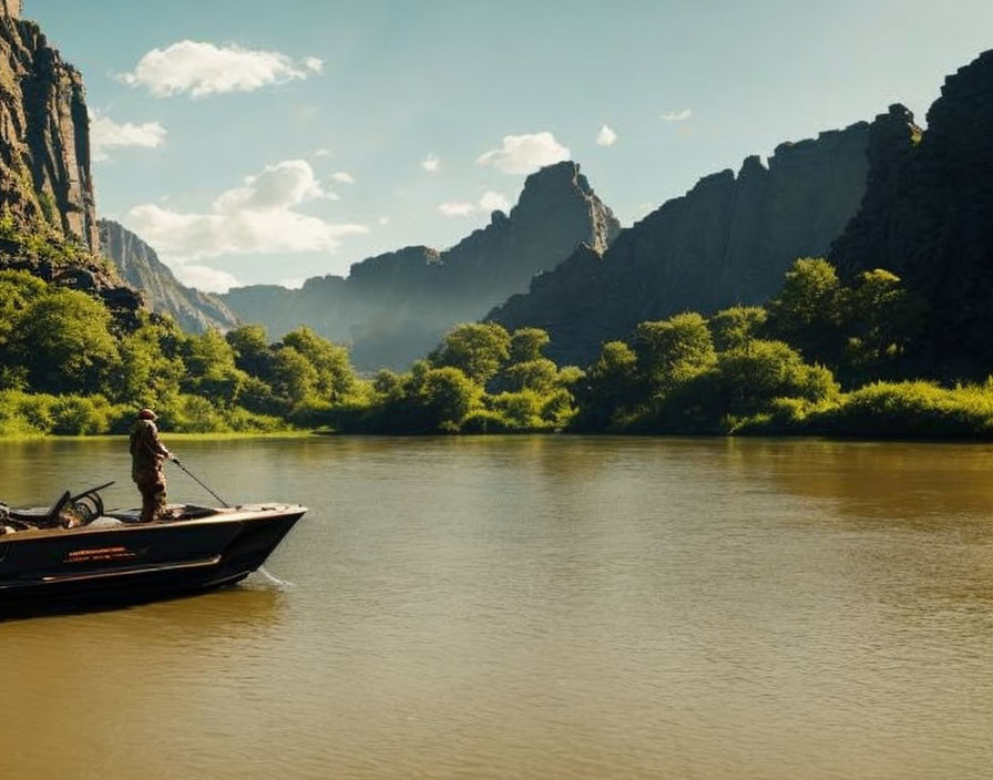 Person fishing on boat in serene river with rocky cliffs and greenery