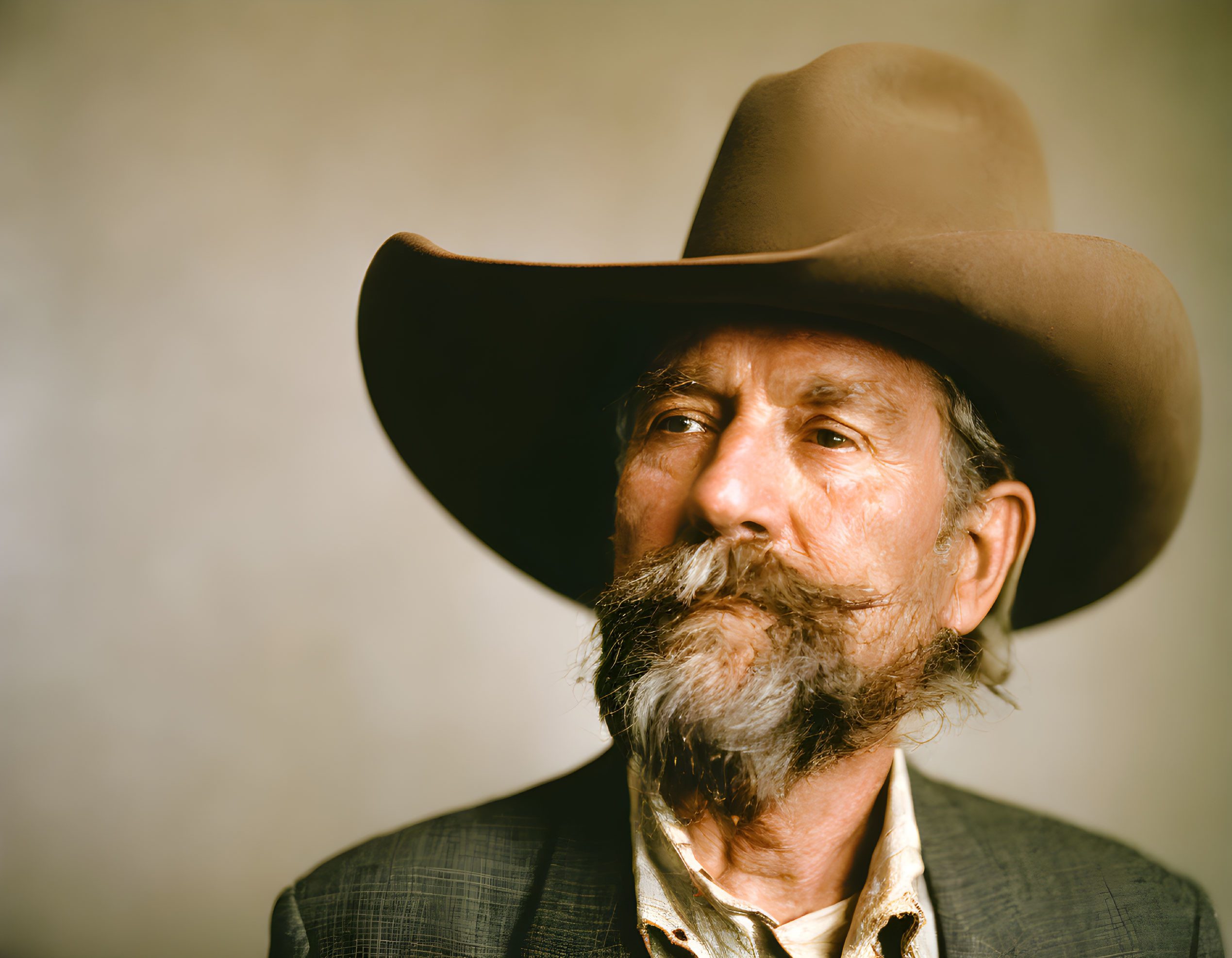 Elderly man with mustache, beard, and wide-brimmed hat gazes into the