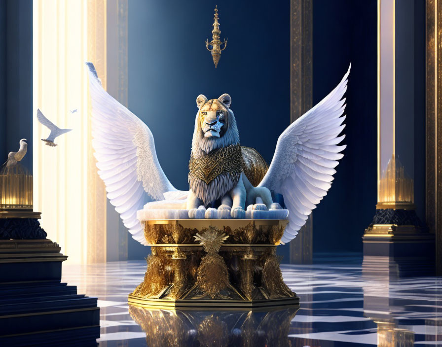 Winged lion statue on pedestal in opulent hall with pillars and doves