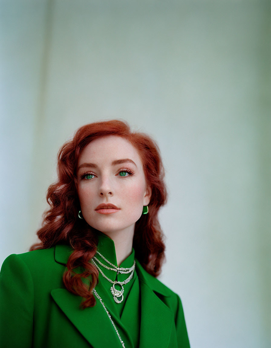 Curly Red-Haired Woman in Blazer with Green Eyes and Earrings