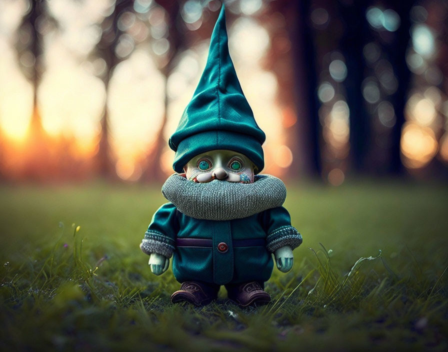 Colorful Gnome Figurine with White Beard and Teal Hat Standing Outdoors