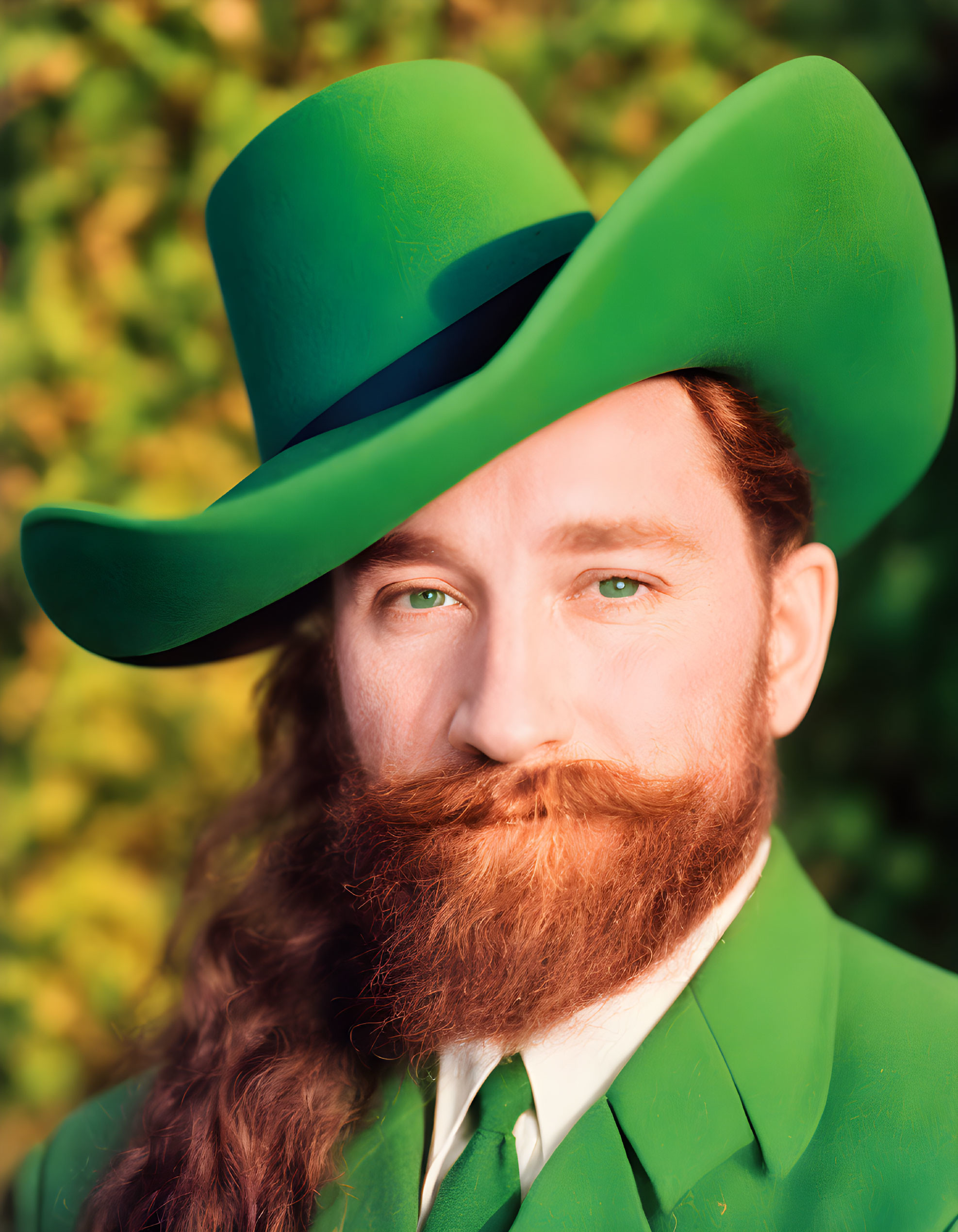 Bearded man in green suit and hat against leafy backdrop