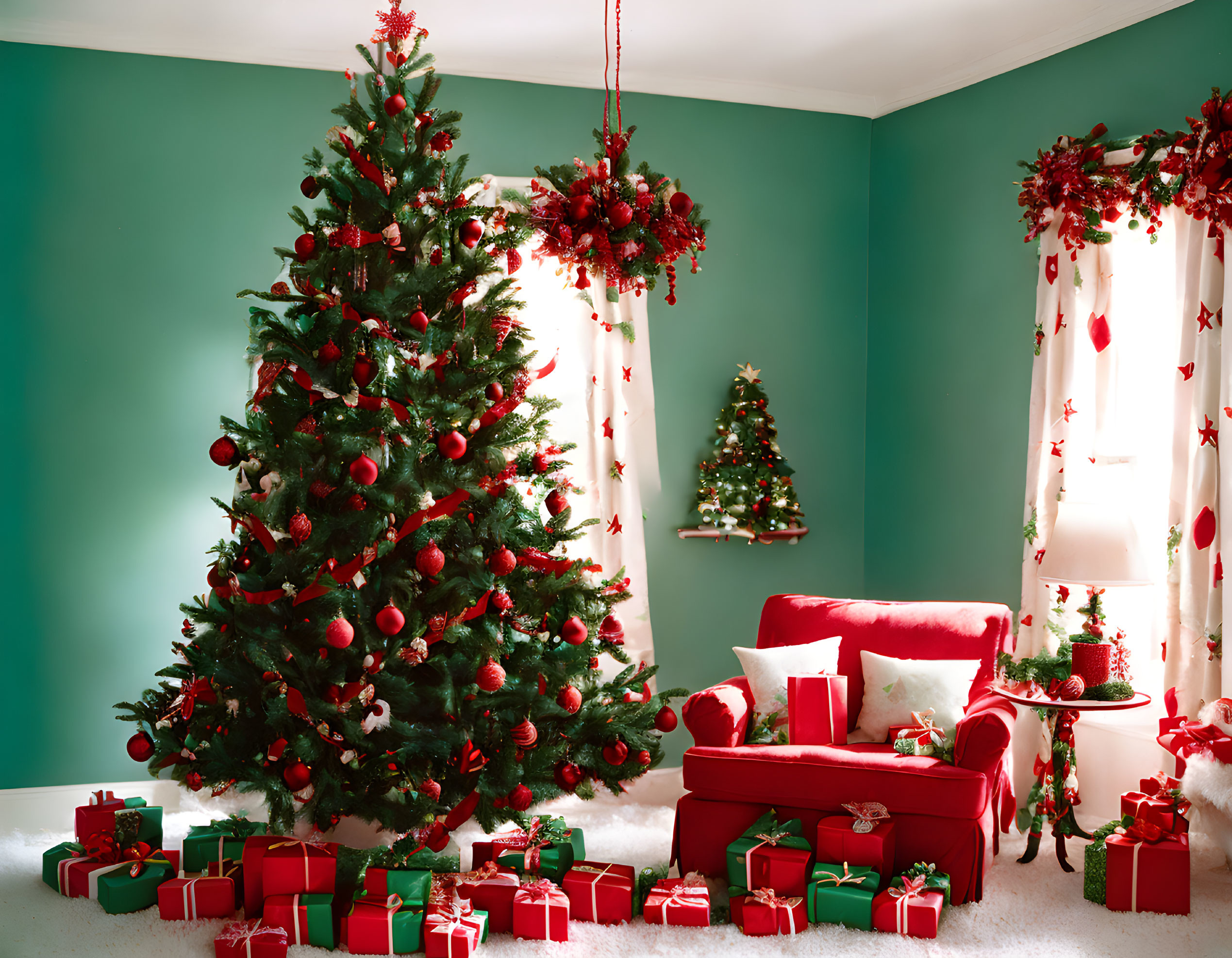 Festive Christmas room with tree, presents, armchair, and wreaths