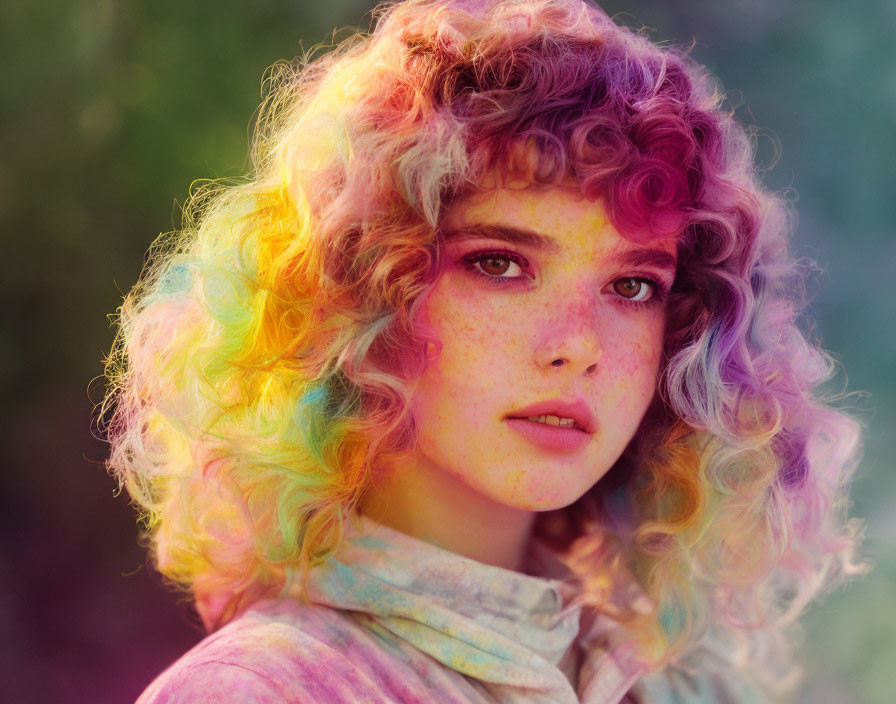 Vibrant rainbow-colored curly hair and freckles on a young person