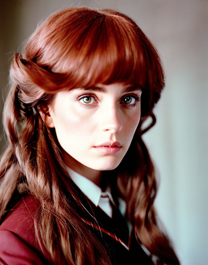 Auburn-haired woman in braids wearing dark blazer with striking eyes.