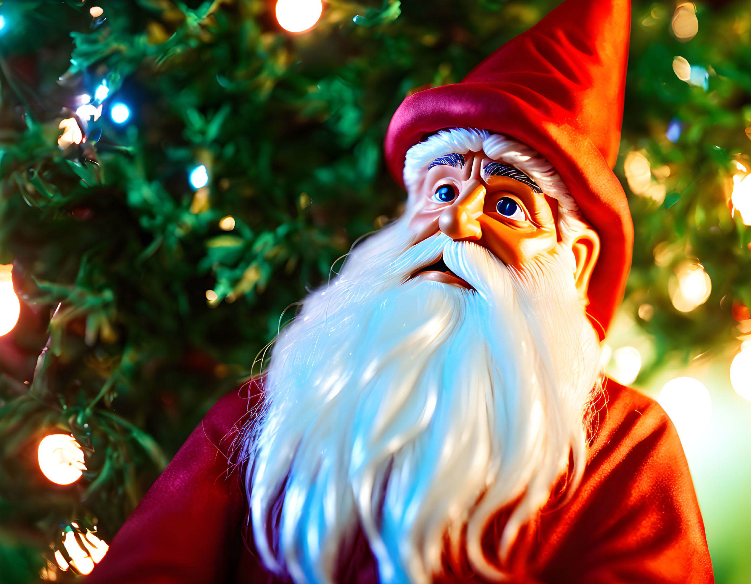 Santa Claus Figure with Long White Beard and Red Outfit by Brightly Lit Christmas Tree