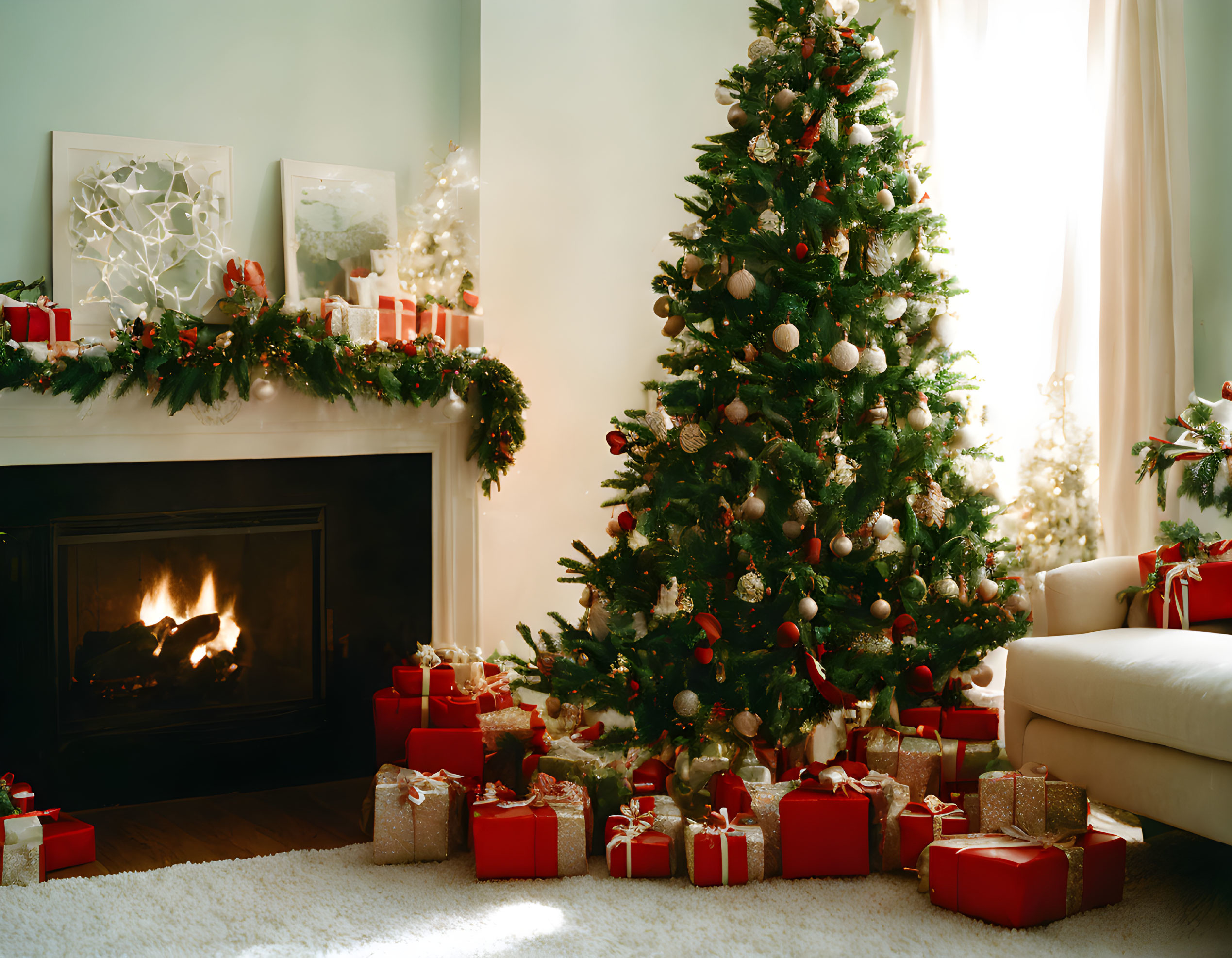 Festive Christmas scene with decorated tree, presents, fireplace, and garlands