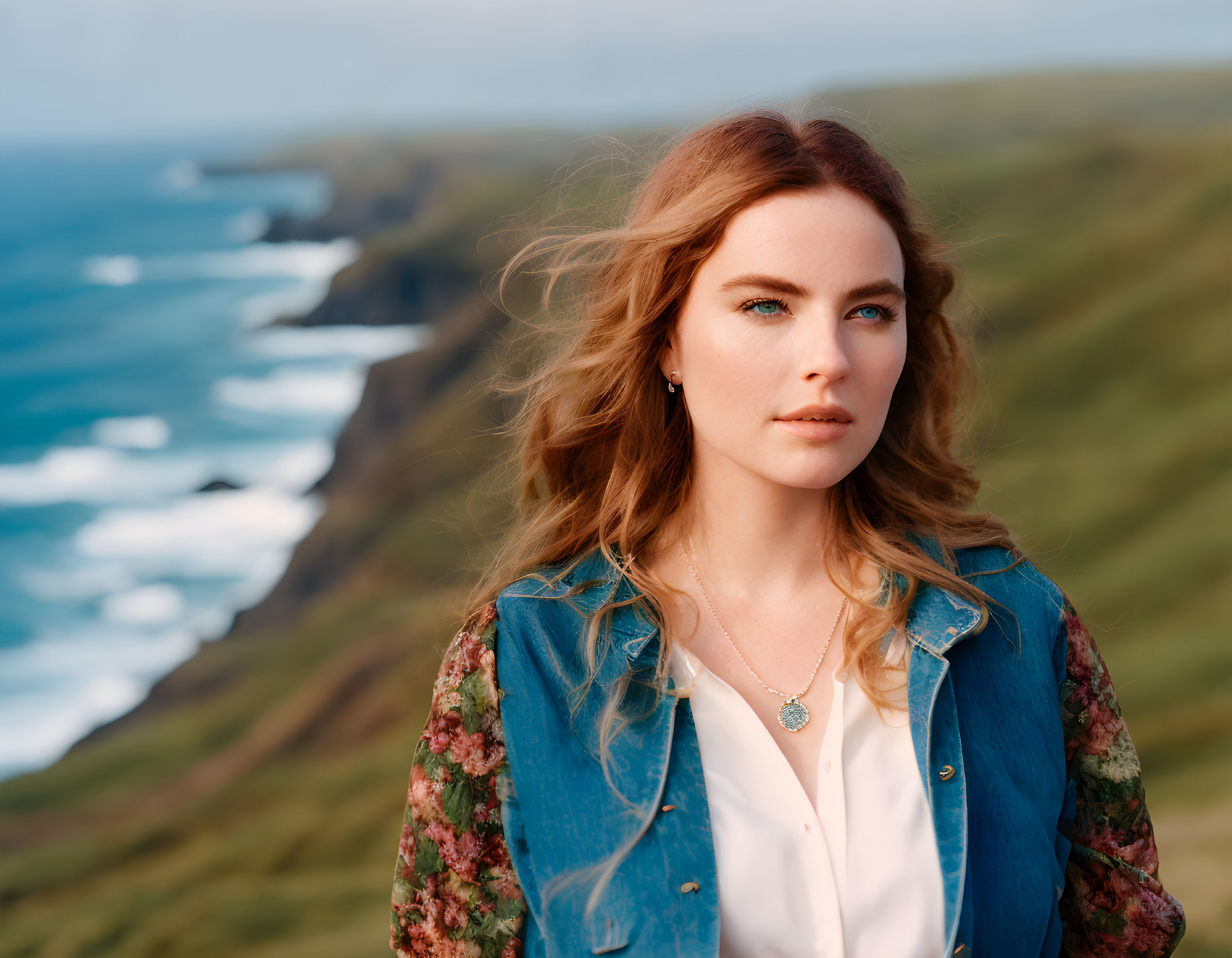 Woman in denim jacket and necklace against coastal backdrop