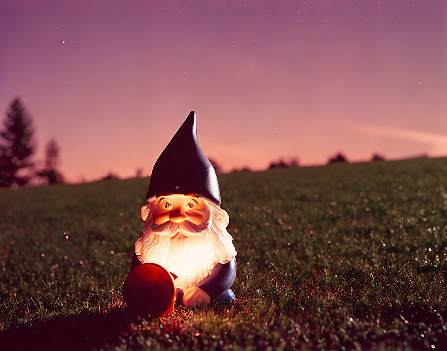 Garden gnome with red apple on grassy field at dusk under starry sky