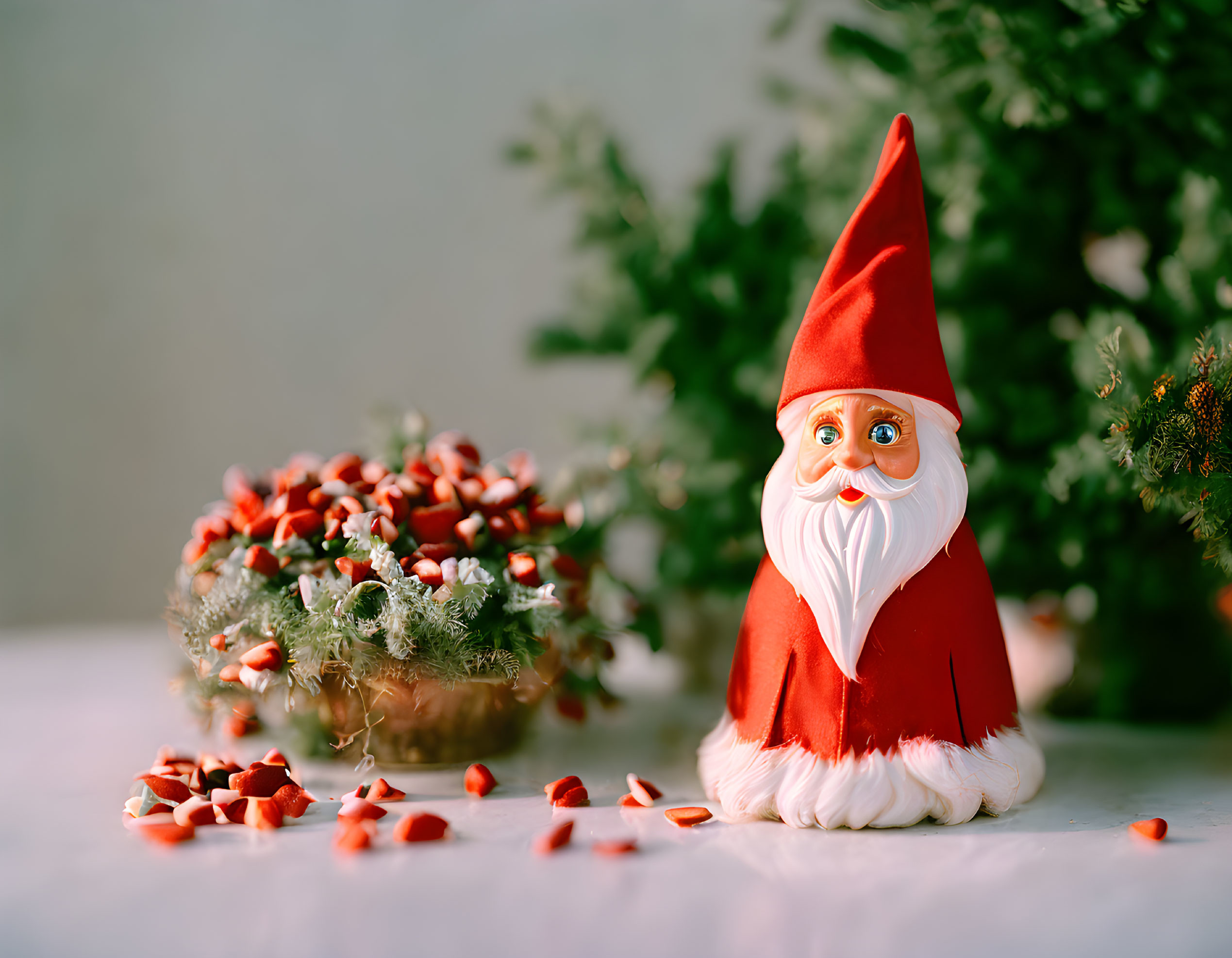 Santa figurine with holiday candies and greenery background