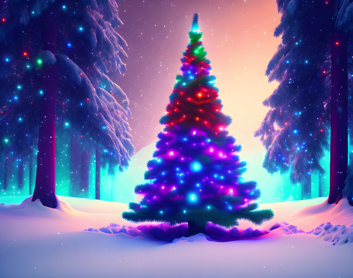 Colorful lights on Christmas tree in snowy forest under twilight sky