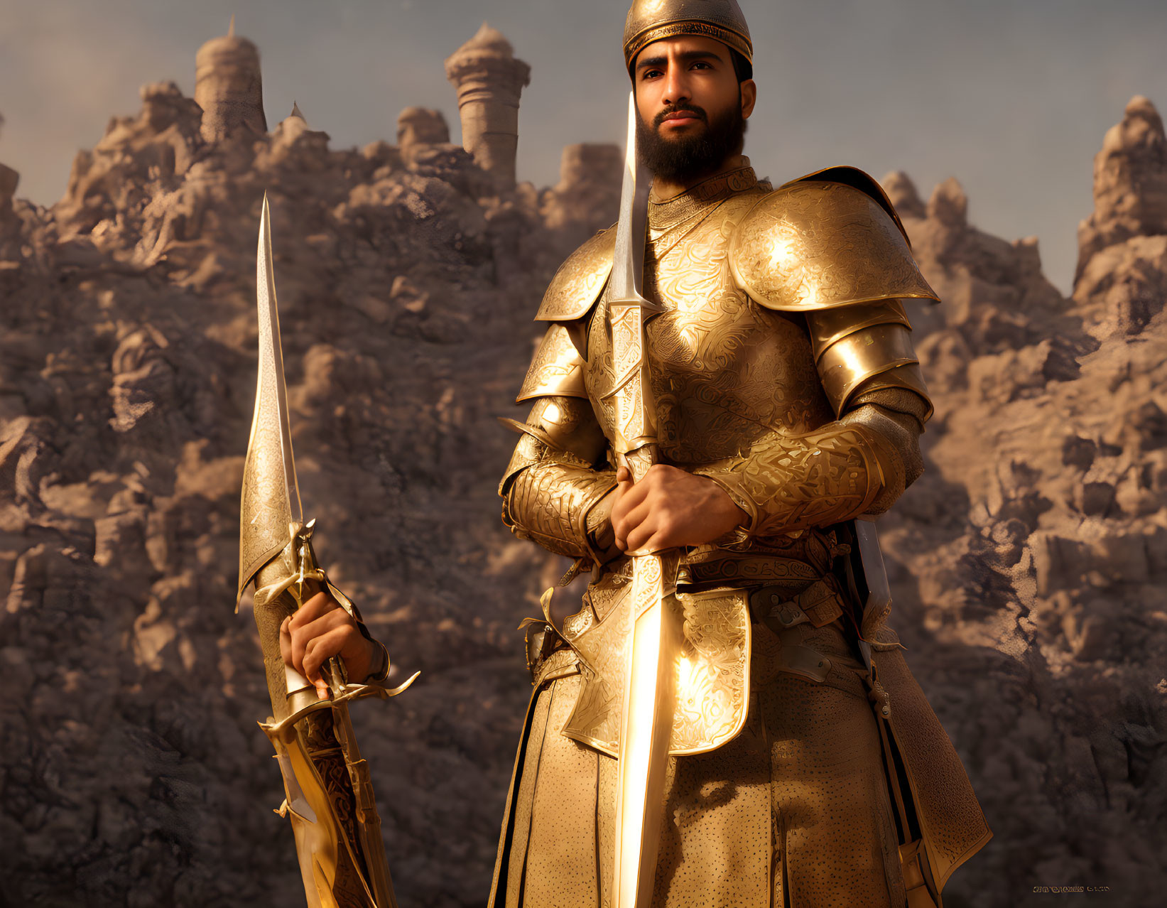 Knight in Golden Armor with Spear Against Mountain Backdrop