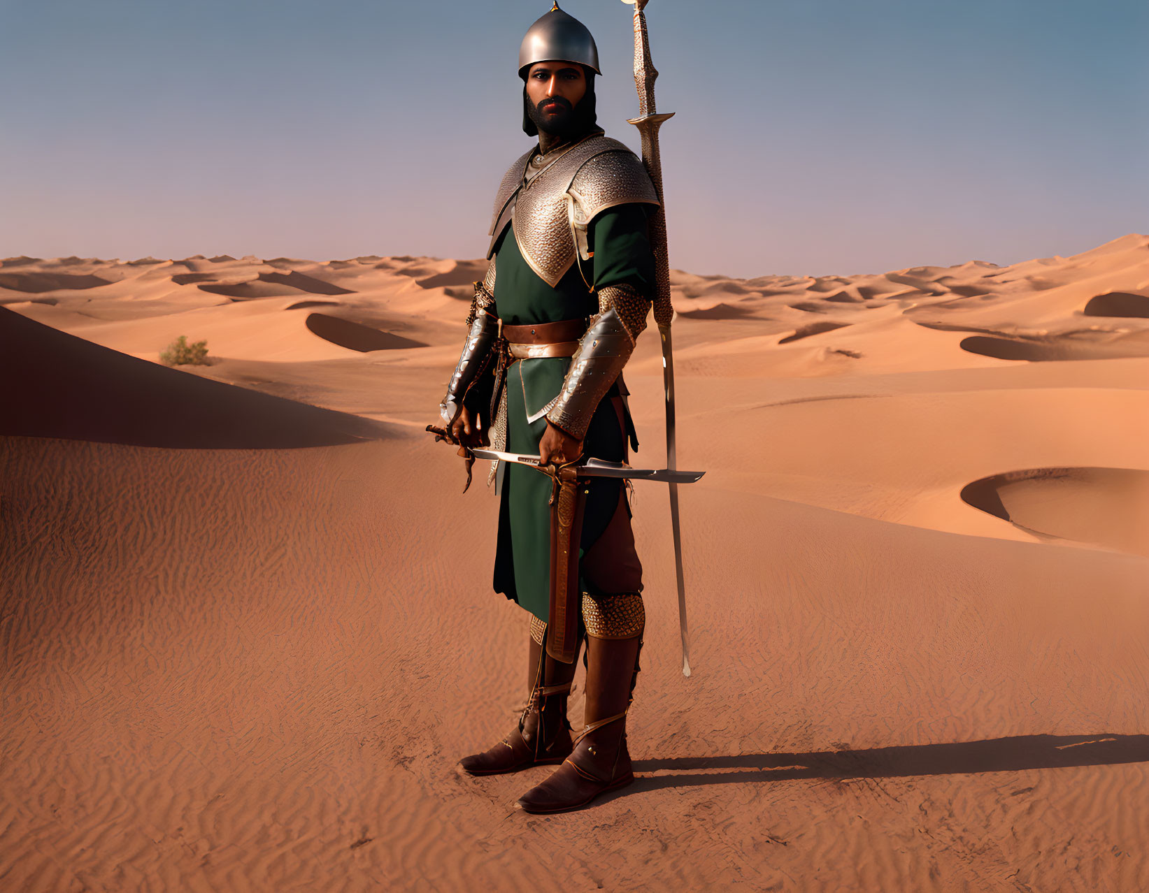 Medieval knight in armor with helmet and spear in desert landscape