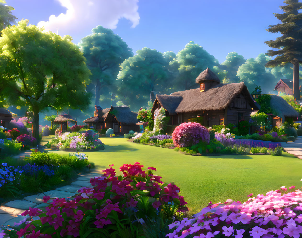 Scenic village: thatched-roof cottages, flower gardens, green trees