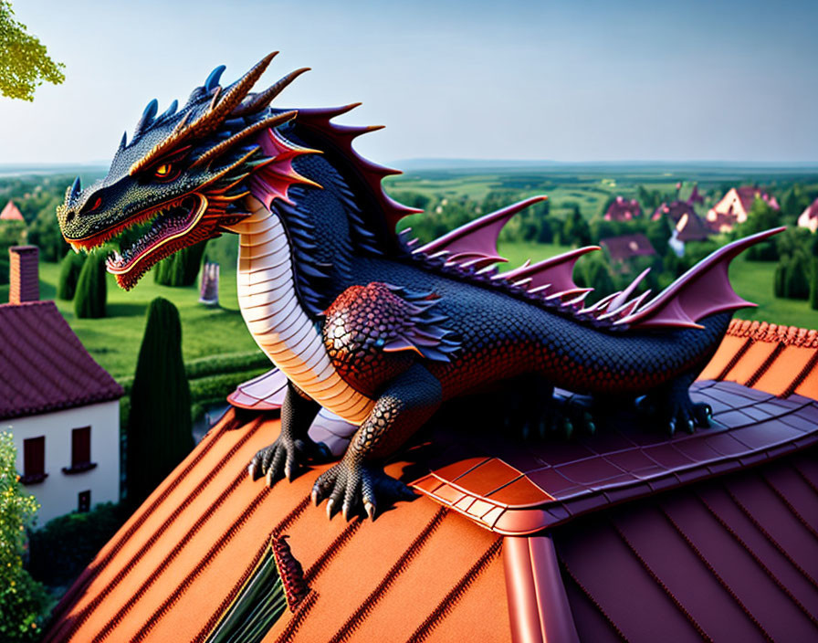 Colorful dragon with horns on red roof above village surrounded by greenery