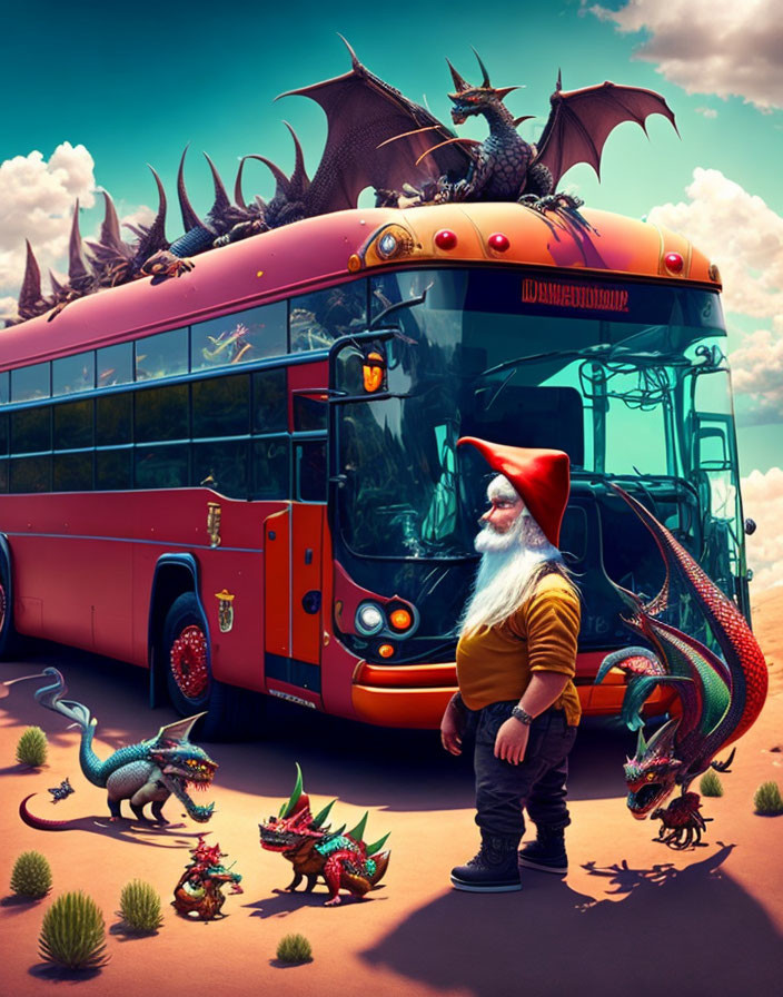 Whimsical gnome man by red "Dragonland" bus with small dragons under surreal sky