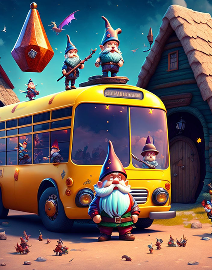 Colorful Garden Gnomes on Yellow Magical School Bus at Dusk