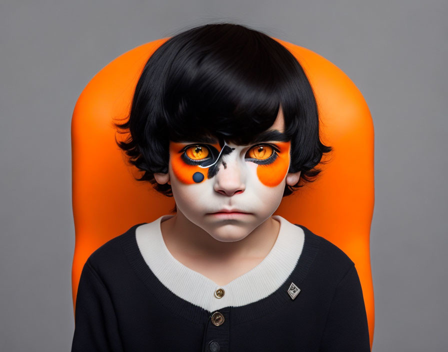 Child with big, sad eyes against orange backdrop with vibrant eye circles