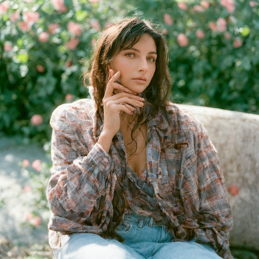 Woman in Plaid Shirt Sits Among Roses