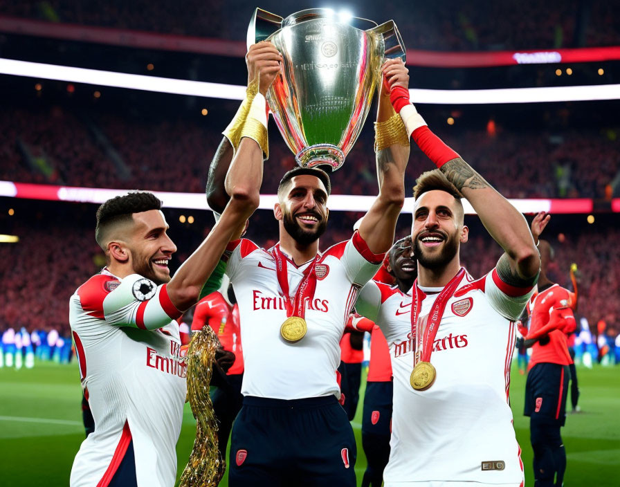 Soccer players in red and white kits celebrating with trophy