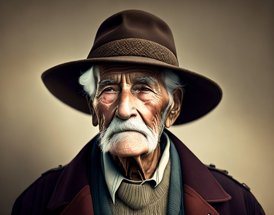 Elderly Man in Brown Hat and Teal Scarf on Tan Background