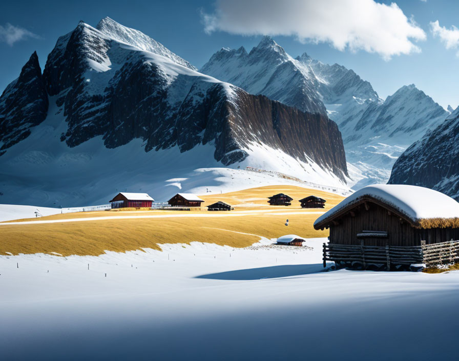 Winter scene: Snow-covered chalets against mountain backdrop