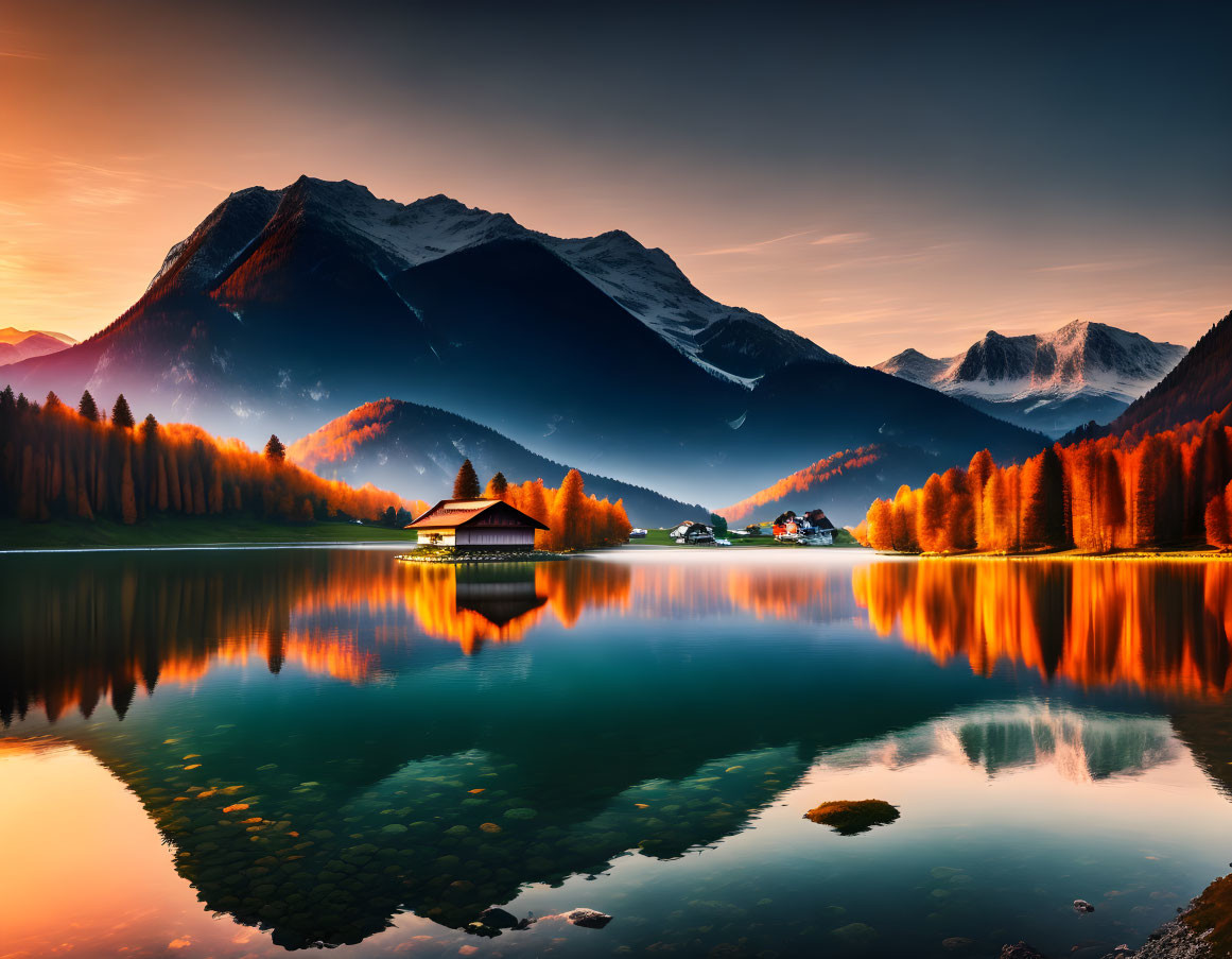 Tranquil lake with house reflection, autumn trees, snow-capped mountains at sunset