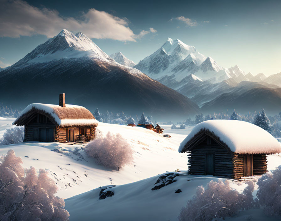 Snow-covered log cabins, frosted trees, and snow-capped mountains in serene winter scene