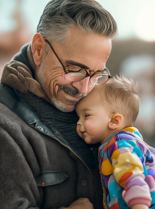 Elderly man with glasses smiling at happy baby in colorful outfit
