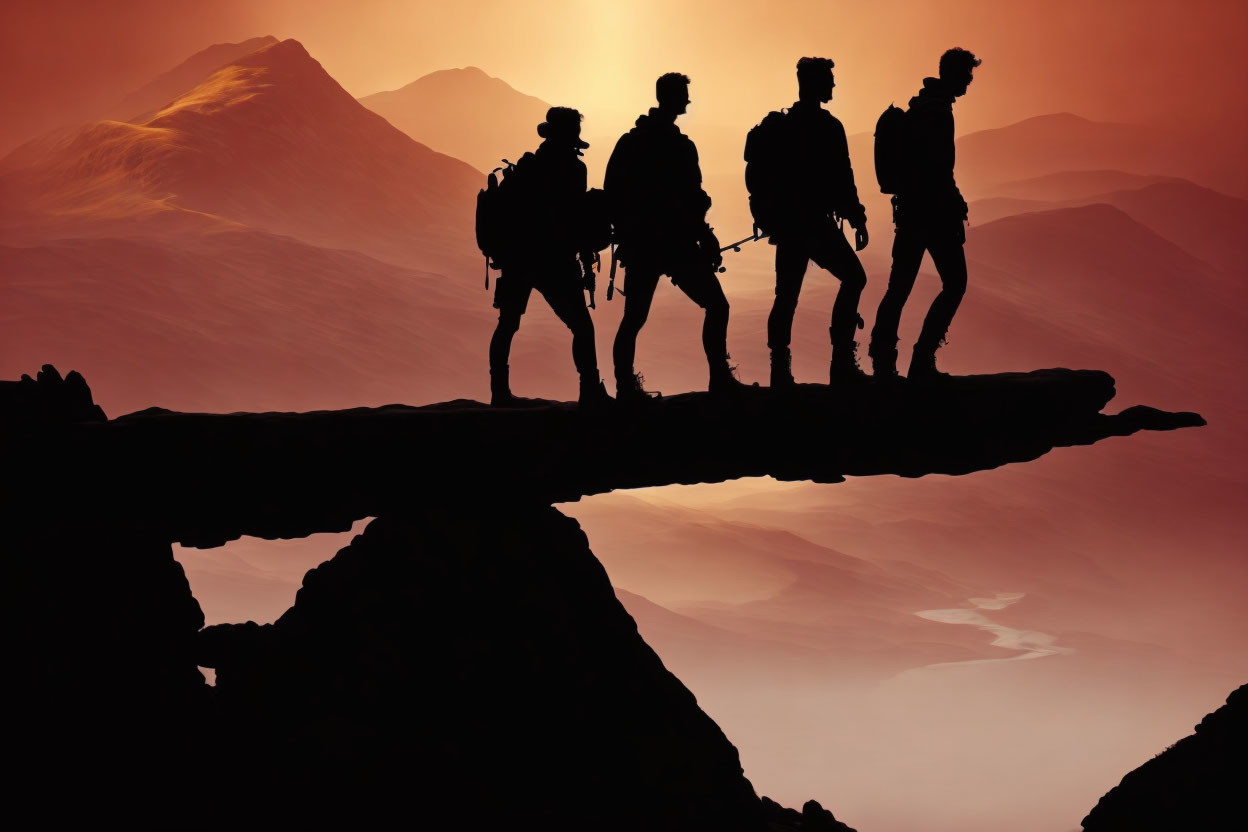 Military Personnel Silhouettes Walking on Rocky Ledge at Sunset
