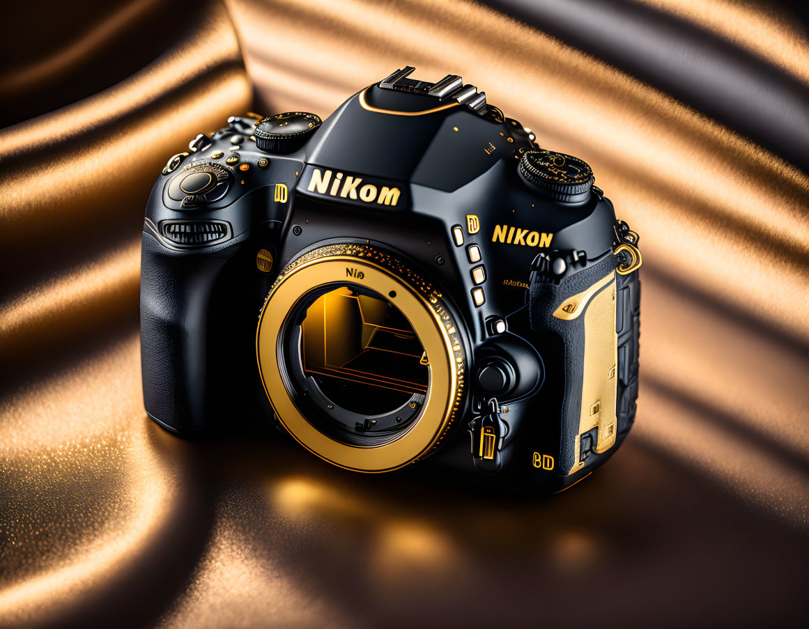 Professional Nikon DSLR Camera on Golden Satin Fabric with Dramatic Lighting