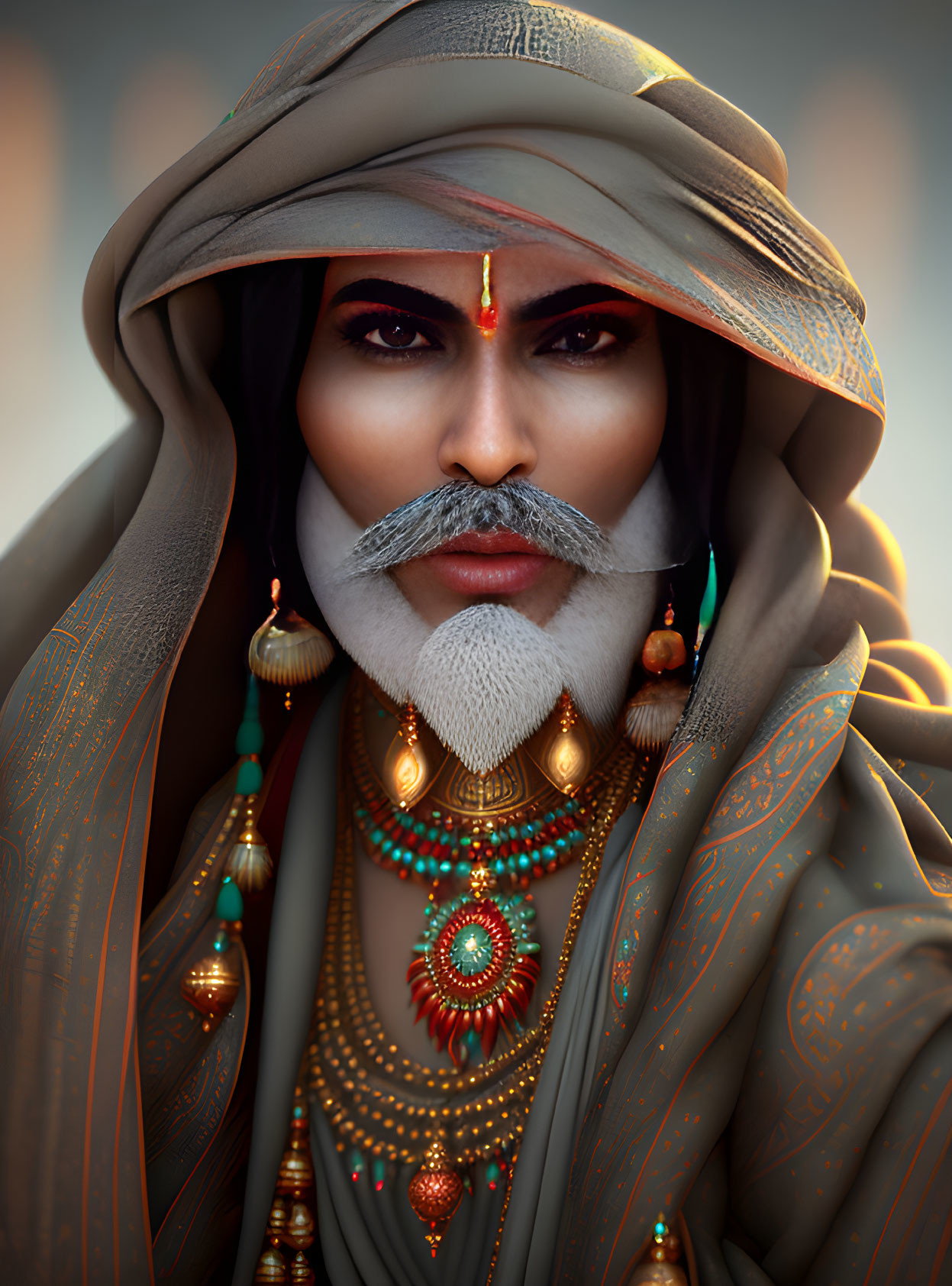 Portrait of person with dramatic gaze, turban, jewelry, and white mustache on soft background