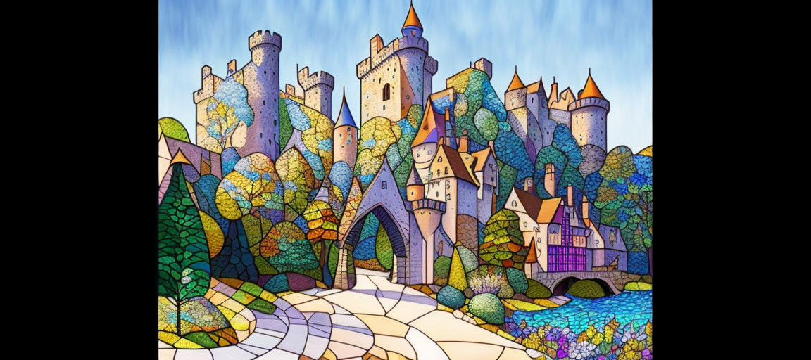 Vibrant castle scene with trees and cobblestone path