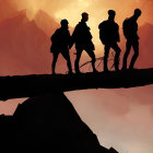 Military Personnel Silhouettes Walking on Rocky Ledge at Sunset