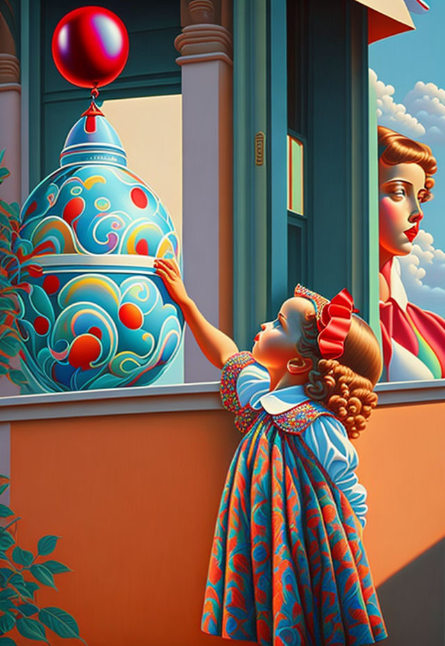 Young girl in fancy dress with Fabergé egg and red balloon near pensive woman at colorful house